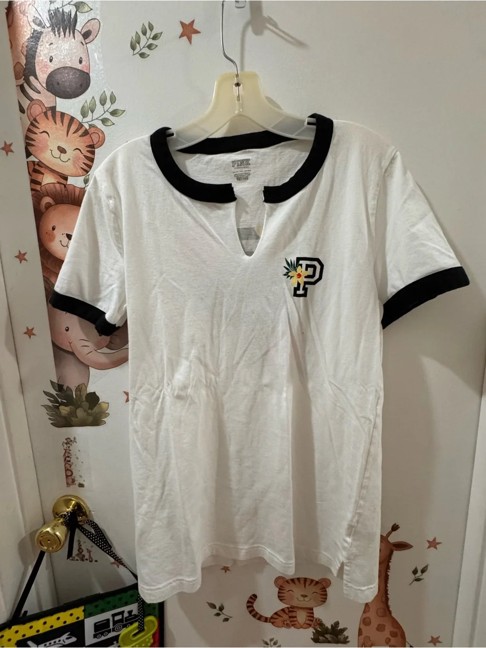 PINK Victoria's Secret White Tee with Black Trim and P Logo